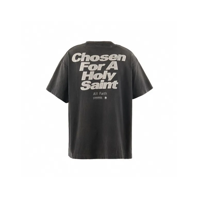 SAINT Mxxxxxx CHOSEN SS TEE/BLK Burst pattern/fingerprint print Chosen Tee Washed black S-XL Look for cylindrical fabrics without side seams. Don’t buy open-width fabrics anymore. It’s boring. Assute garment dyeing. Spray the whole piece with Ma Liu. Re-spray heavy fade. Collar and cuffs are frayed. Many places are broken. Authentic grade printing restored. Original consistent main mark/wash mark/with little angel anti-counterfeiting label.